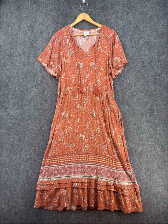 Knox Rose Dresses & Skirts - Knox Rose Orange Floral Paisley Boho Maxi Dress Women’s XL Tiered Prairie
